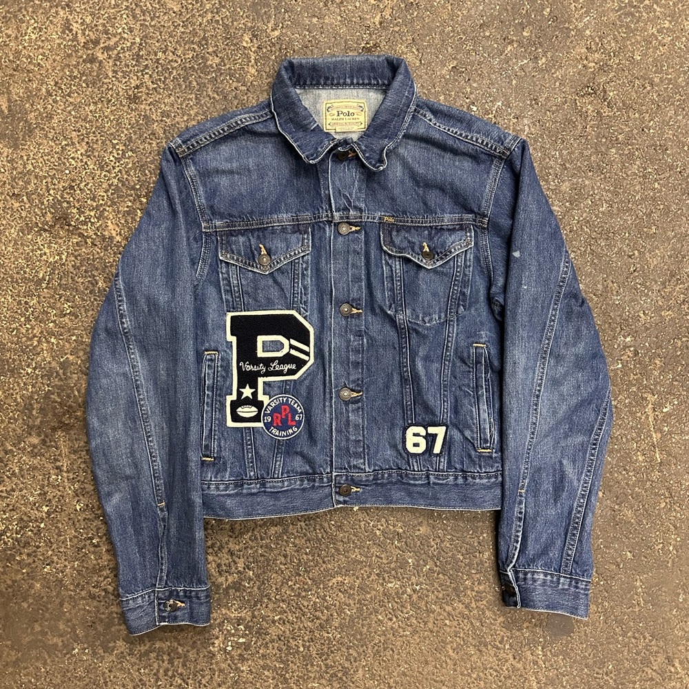 Polo Ralph Lauren Denim Letterman Patch Jacket Women’s Large VTG Button Up